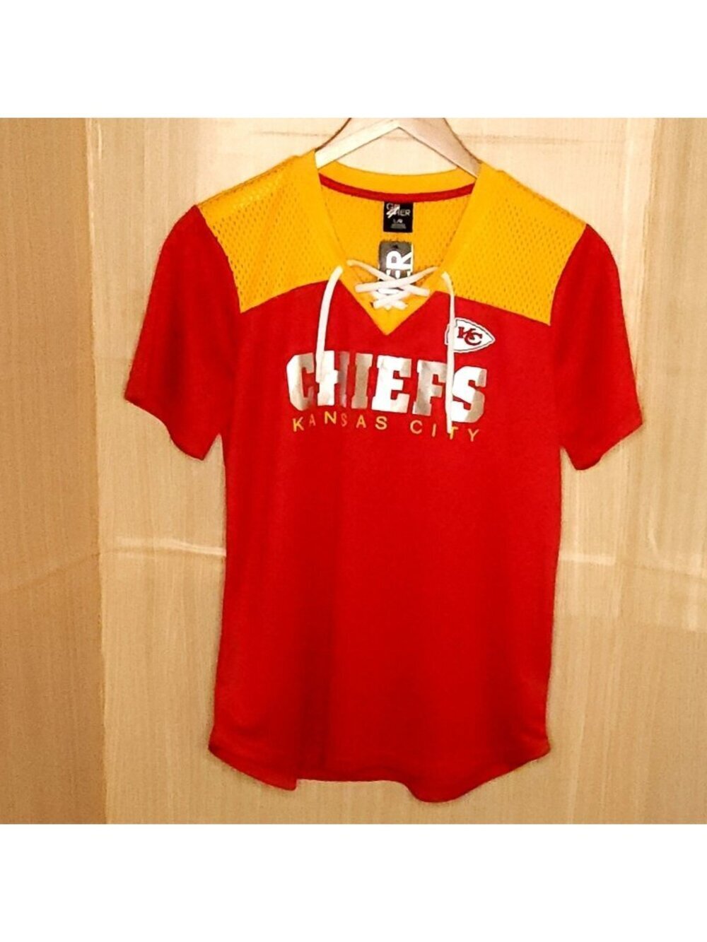 Kansas City Chiefs Womens New Rwd Yellow Lace Up Mesh Top Large GIII